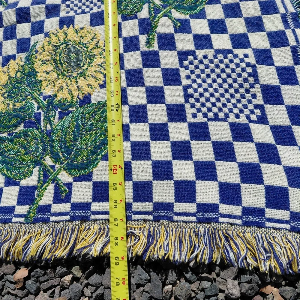 Vtg Sunflower Flowers Tapestry Blanket Throw Fringe Blue Check Country Cottage